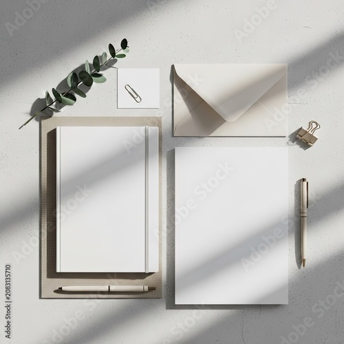 Minimalist corporate stationery mockup with blank papers notebook envelope pen and eucalyptus branch on concrete background