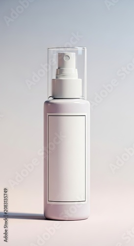 Minimalist white spray bottle with blank label and clear cap on a light background, isolated product shot