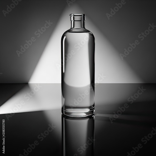 Elegant clear glass bottle mockup on reflective black surface with dramatic spotlight background