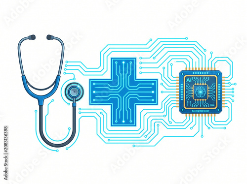 Digital health concept with stethoscope and AI microchip circuit board medical symbol