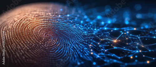 Fingerprint with digital network connection pattern, biometric security concept with glowing light points and lines on dark background
