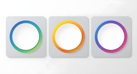 Three colorful round buttons with gradient borders on light grey square frames for website navigation and user interface design