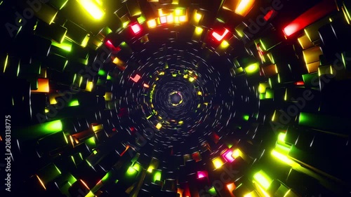 Seamless 3D motion graphic loop traveling through a concentric tunnel of warm glowing rectangles. 3D rendering