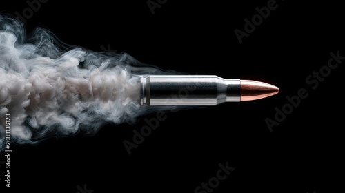 Silver bullet with copper tip, trailing white smoke, against black