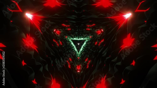 Endless geometric loop moving through a futuristic triangular tunnel with vibrant neon lighting and shifting colors. 3D