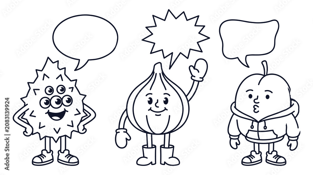 Obraz premium Funny fruit cartoon characters with speech bubbles isolated line art vector illustration.