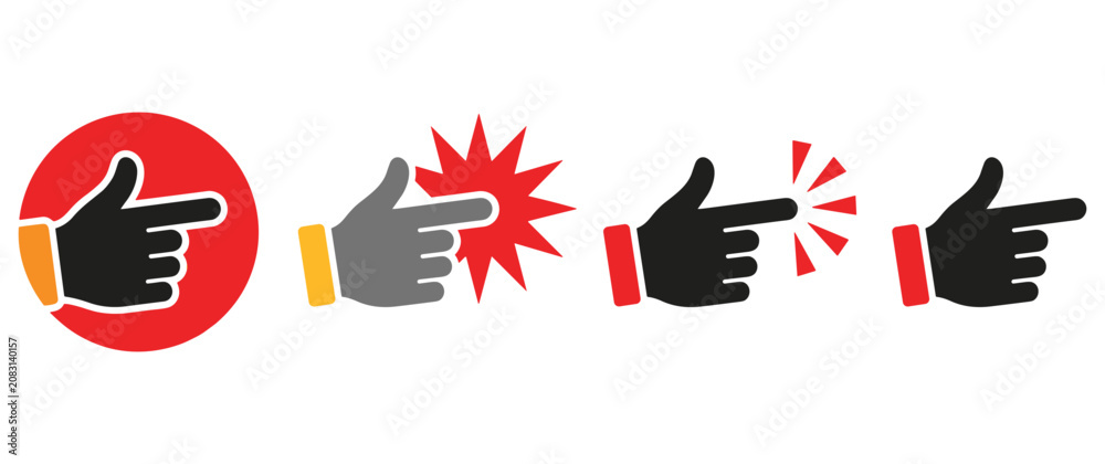 Obraz premium Pointing hand icon set in different styles showing finger direction and clicking feedback.