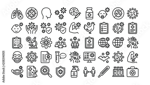 Collection of medical health and virus prevention icons isolated transparent background