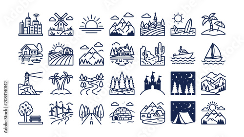 Collection of Travel and Nature Scene Icons Isolated on Transparent Background