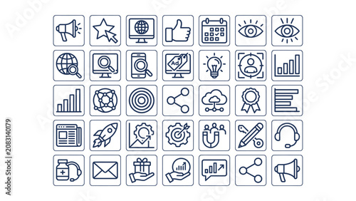 Collection of various flat design icons representing business and technology concepts isolated on transparent background