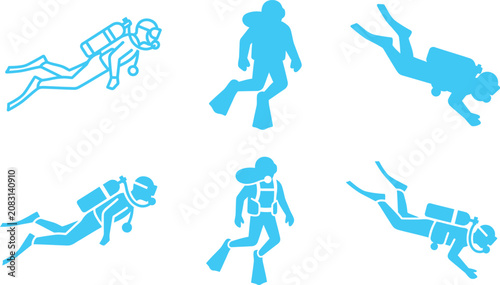 Foto Set of blue scuba diver silhouettes in various swimming poses with swimming unde