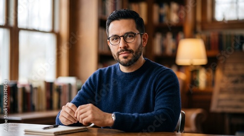 A stylish man in glasses and a blue sweater relaxes inside a warm, modern café setting