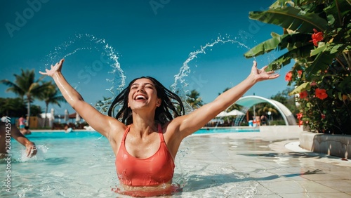 Woman splashing water and laughing at a waterpark