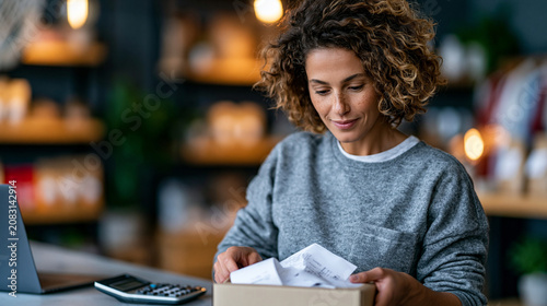 Tax preparation concept, small business owner standing behind a counter sorting through a box of paper receipts, calculator and laptop on the counter nearby, cozy retail shop backg