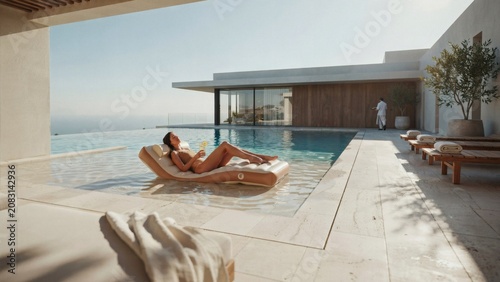 Woman relaxing poolside at a luxury villa