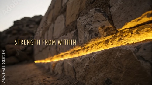 Inspirational close-up of a stone wall illuminated by warm light, symbolizing inner strength and resilience in challenging times