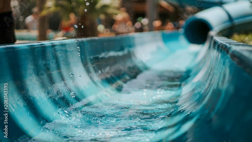 Perspective view of water flowing through a long water slide tunnel