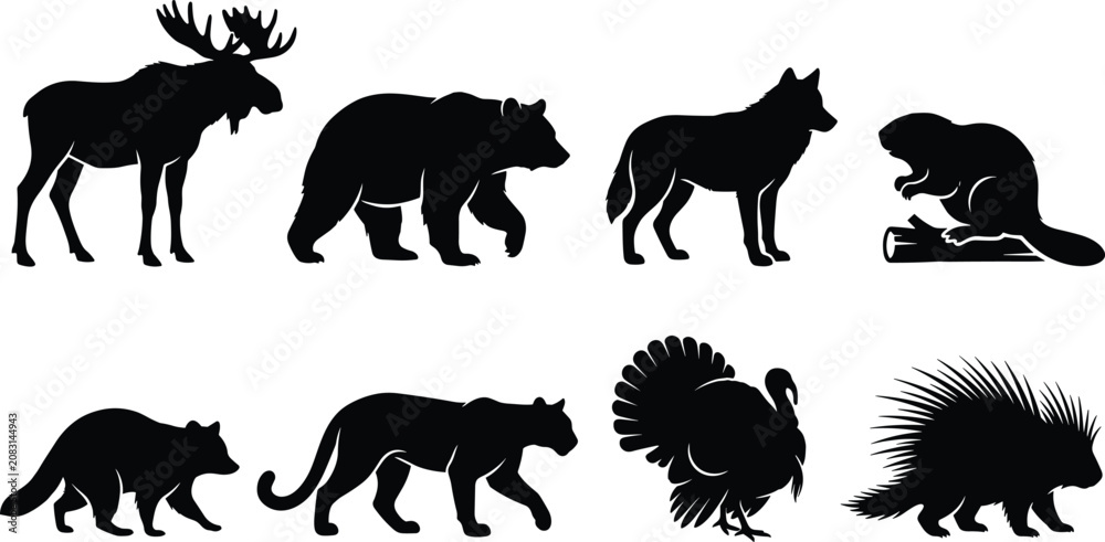 Obraz premium North American Wildlife Animal Silhouette Collection Featuring Moose Bear Wolf Beaver Cougar Turkey and Porcupine Vector Set