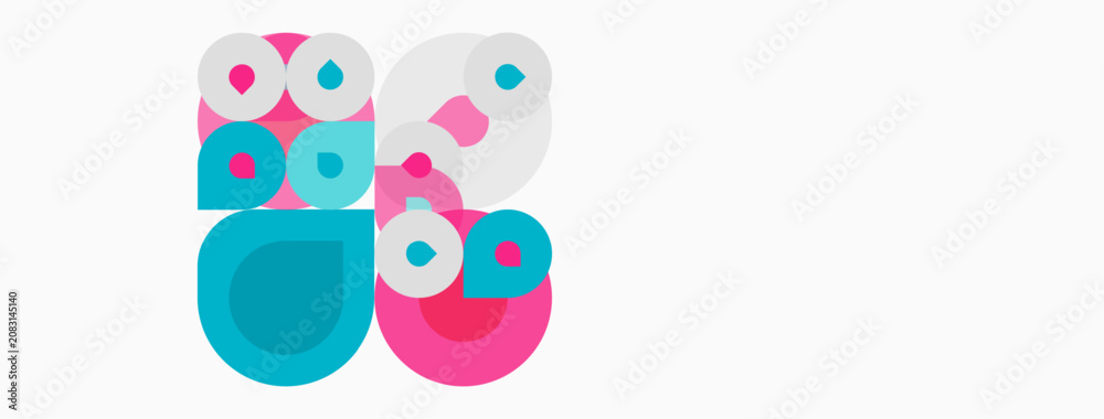 Fototapeta premium Abstract circles, pink, turquoise, white overlap creating playful composition. Simple shapes, modern design, clean aesthetic.