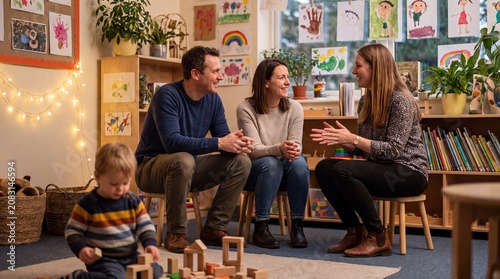 A warm and inviting scene in a kindergarten classroom, where a teacher engages in a conversation with parents while their child plays with wooden blocks on the floor.