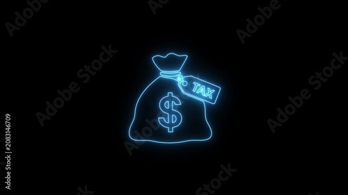Neon Money Bag with Sale Tag Icon Glowing on Black Background. Discount and Finance Symbol.