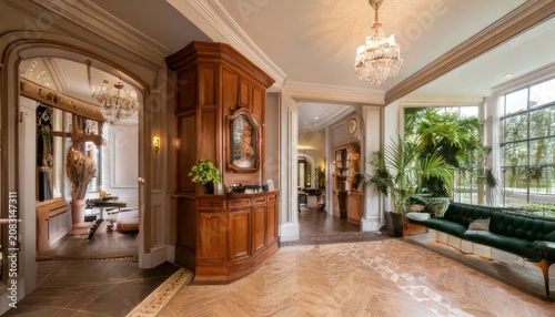 Elegant Interior of a Luxurious Mansion Foyer with Grand Staircase and Lush Greenery.