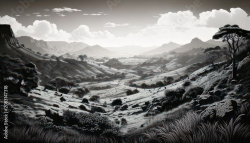 Monochrome Landscape - A Serene Valley Vista with Rolling Hills.