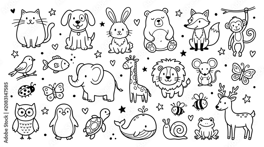 Obraz premium Collection of hand-drawn doodle animals and creatures in a simple outline style, with stars and hearts, suitable for kids' designs and decorations