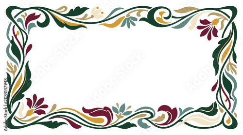 Ornate decorative floral border with swirling vines and leaves in deep green, burgundy, and muted gold, art nouveau style vintage frame for text or