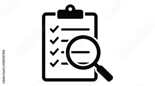 Checklist audit icon with magnifying glass, clipboard review and inspection symbol design