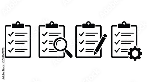 Checklist icon set with search, edit, and settings, clipboard task management symbol collection