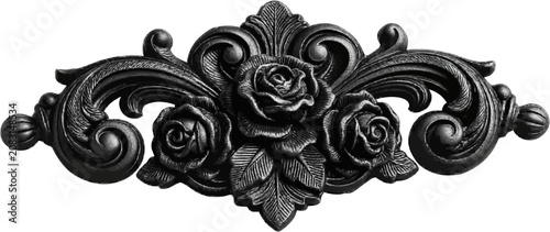 This intricate Victorian-style decorative element features a cast-iron design with engraved rose scrolls, accented by heavy black details and fine hatching lines, set against a white background