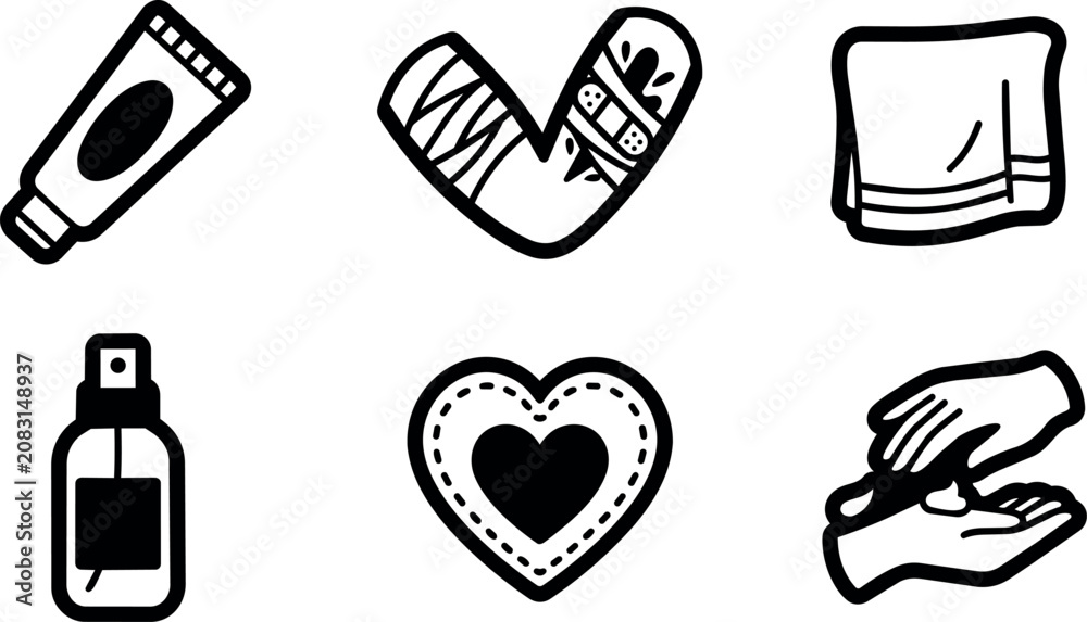 Fototapeta premium Black and white hand drawn bandage cream sanitizer and towel icons