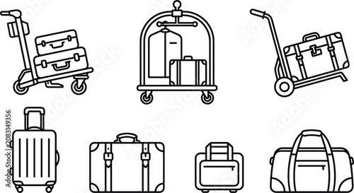 Obraz na płótnie Hotel Luggage Cart and Travel Suitcase Vector Icon Set Featuring Black Outline B