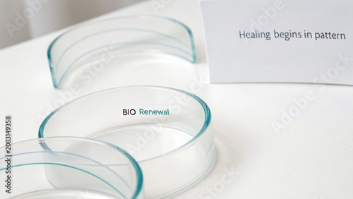 Transparent petri dish with text 'BIO Renewal' beside inspirational quote 'Healing begins in pattern' on white background