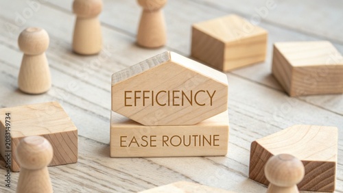 Wooden blocks with words efficiency and ease routine on a table, representing productivity and organization in daily tasks