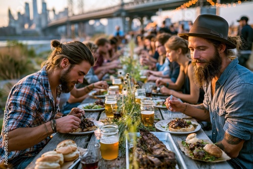 Many people sit at a long table outside by the river. They eat food, drink beer, and talk with each other. city skyline is in the background during sunset