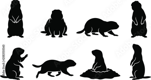 Prairie Dog Silhouette Collection with Standing Sitting Walking and Burrow Wildlife Animal Poses