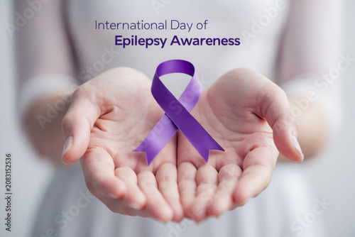Banner poster card International Day of Epilepsy awareness with symbol purple ribbon AI Generative