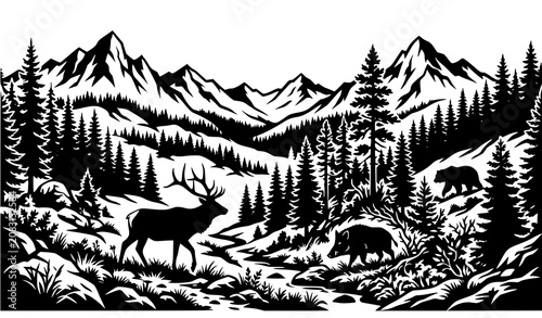 Photography Mountain Forest Landscape with Wildlife Animals Black Silhouette Nature Scene Ve