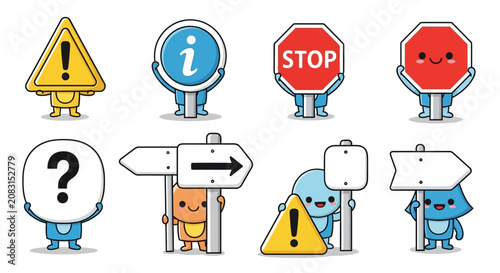 Cute Character Road Sign Icon Set