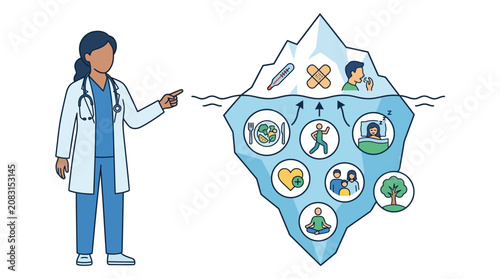 Flat illustration of a female doctor pointing to an iceberg infographic representing health; visible symptoms include fever while submerged root causes include diet, sleep, and exercise.