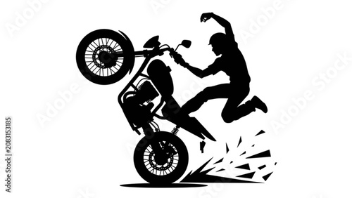 Foto Stunt motorcyclist performing wheelie trick in mid-air with bike Vector