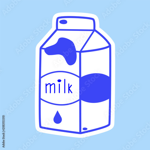Obraz na plátně Blue milk carton pack sticker with splash and drop for grocery beverage commerci