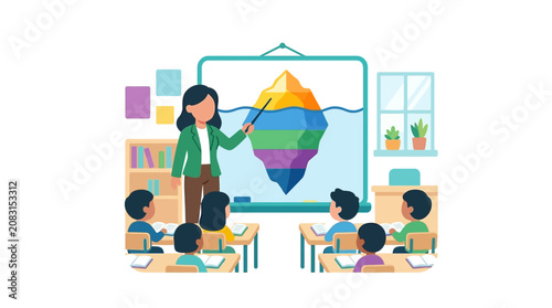 Flat vector illustration of a faceless teacher explaining a colorful multi-layered iceberg model on a whiteboard to diverse elementary students sitting at desks in a classroom.