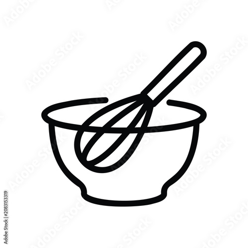 Simple line art icon of a mixing bowl with a whisk for baking and cooking