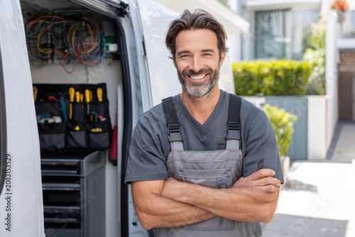Smiling technician by service van