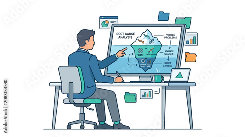 Flat illustration of a businessman in a blue suit sitting at a white desk, pointing at a large monitor displaying a root cause analysis iceberg diagram with data folders and bar charts.