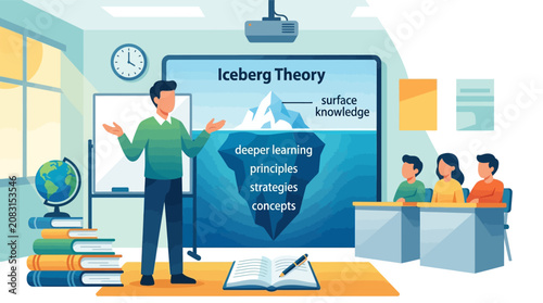 Flat vector illustration of a male teacher explaining the Iceberg Theory in a modern classroom, showing surface knowledge versus deeper learning, principles, and strategies to students.