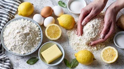 Hands arranging lemon cake ingredients, lemons, flour, eggs, butter, sugar on surface, top view flat lay, light neutral textured kitchen background